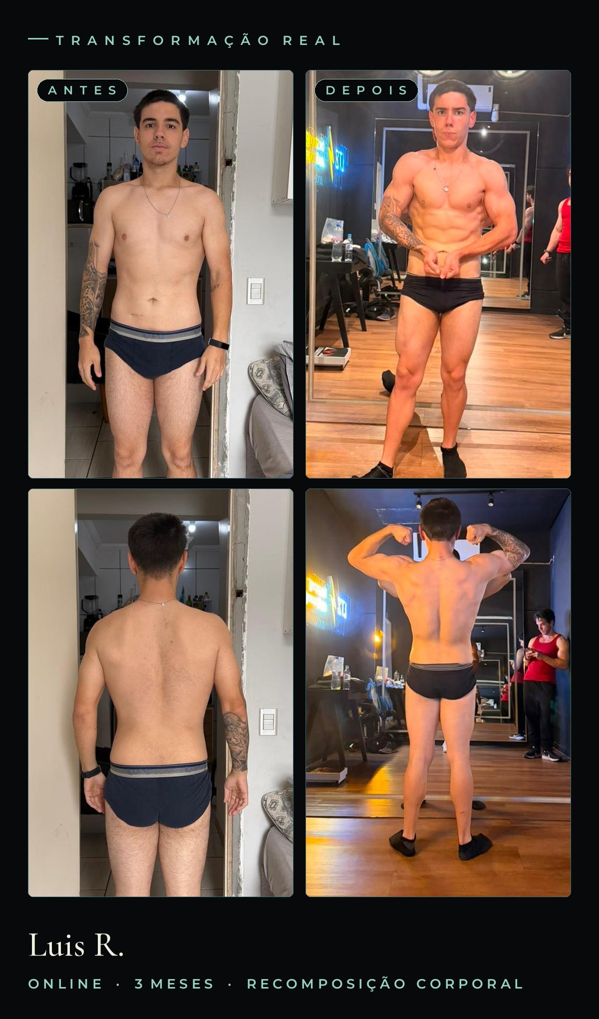 Antes e depois — Luis R., 3 meses de consultoria online, recomposição corporal